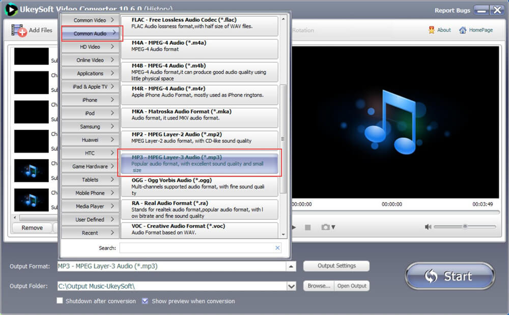 tetapkan format mp3