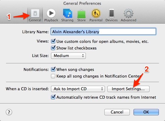 configuración de importación de iTunes