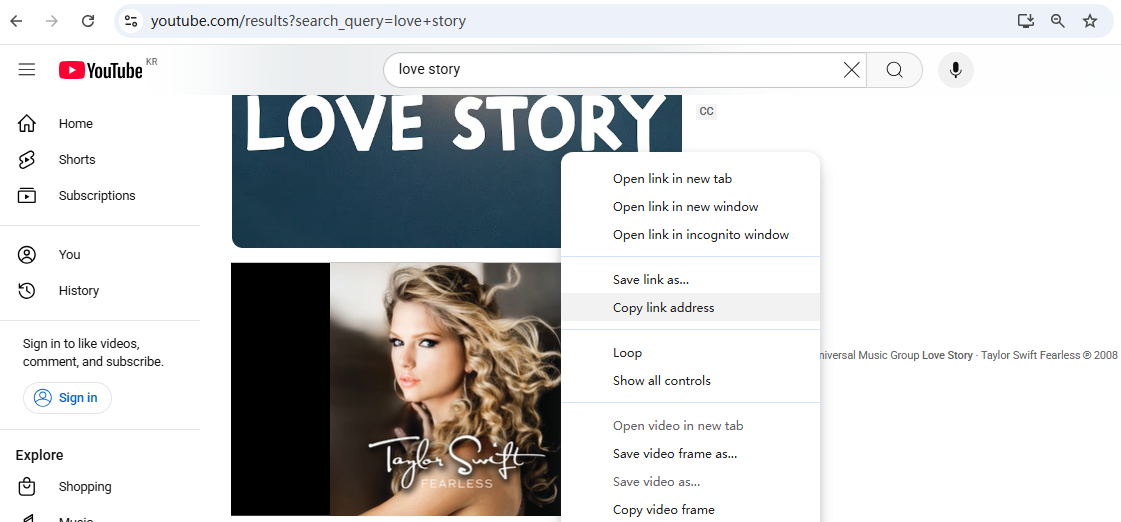 copy youtube love story link