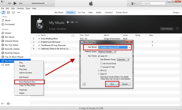 إنشاء أقراص مضغوطة في iTunes على جهاز الكمبيوتر