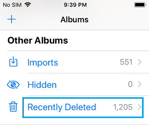 album ảnh đã xóa gần đây trên iphone