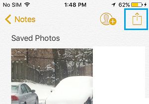 ikona dijeljenja na bilješci sa spremljenim fotografijama iphone