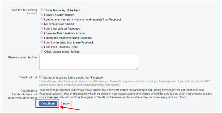 deactivate facebook now