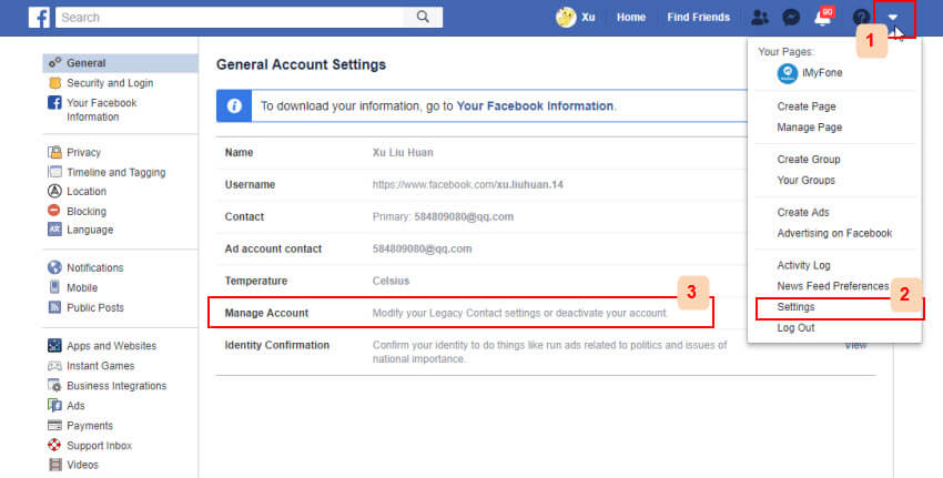 haga clic en configuración para desactivar facebook