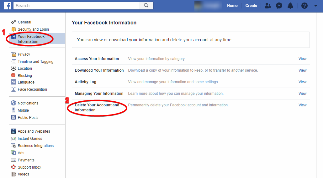 حذف حساب الفيسبوك