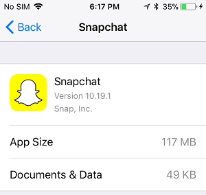 verminderde documentengegevens snapchat app op iphone