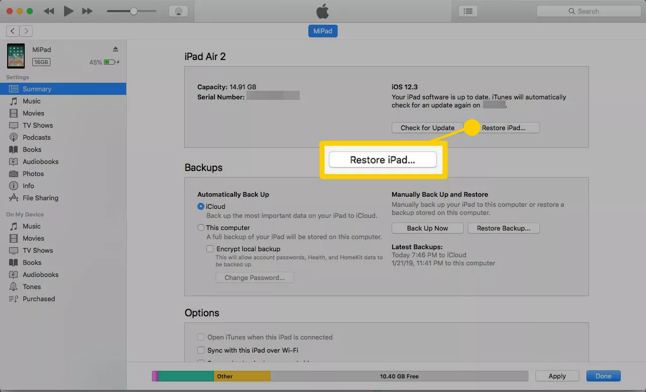 set semula ipad dengan itunes