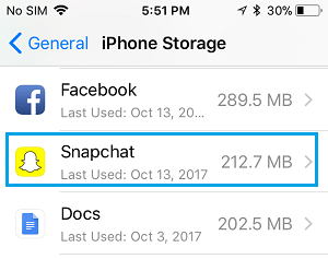 écran de stockage iphone app Snapchat