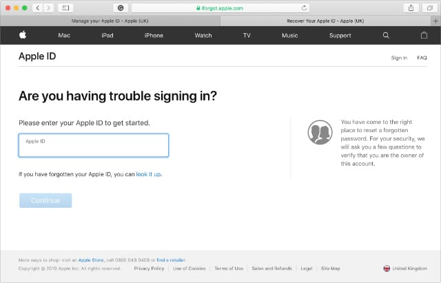 ingrese la ID de Apple en iForgot