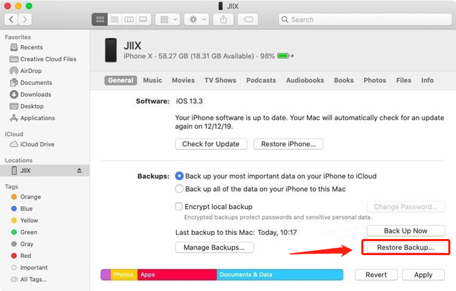 restore your iphone backup factory settings with finder macos catalina