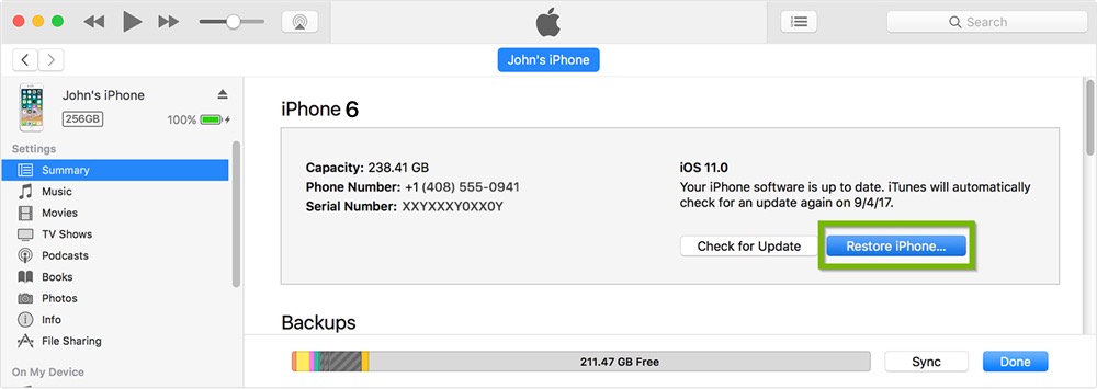 разблокировать код доступа iPhone 6 через iTunes
