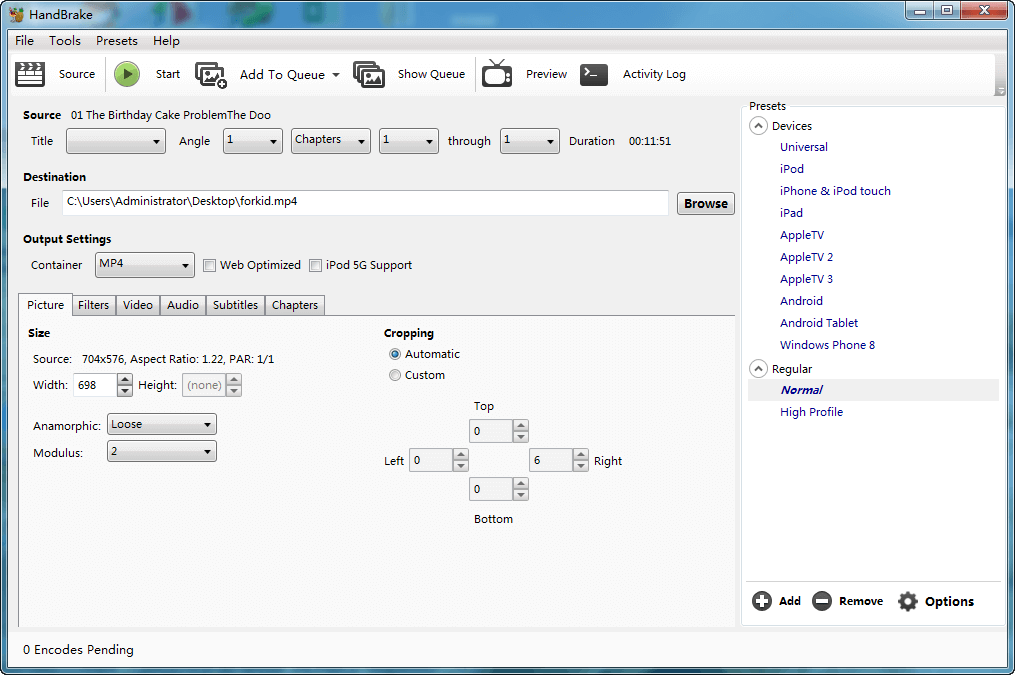 konvertiere Videos per Handbremse in mp4