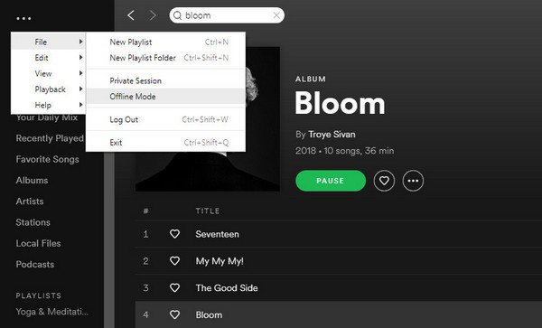 set Spotify app to Offline Mode on computer