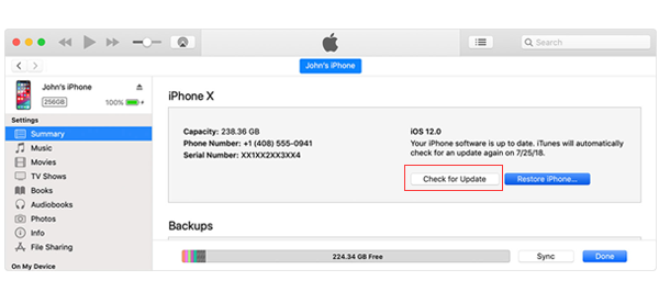 Обновите iPhone с помощью iTunes, чтобы исправить зависание iPhone при проверке обновления