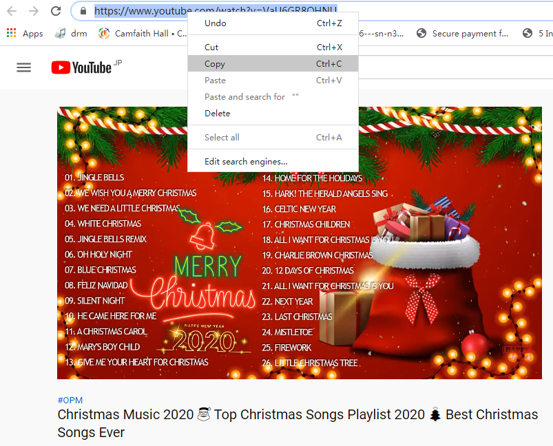 copia l'URL della musica di YouTube