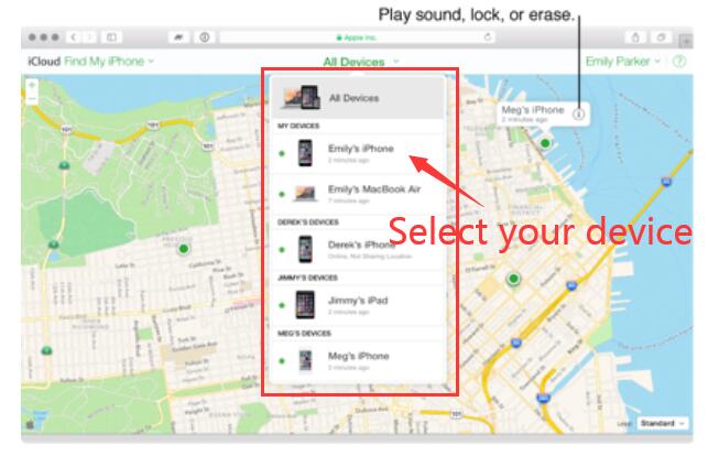 go to find my iphone and select device