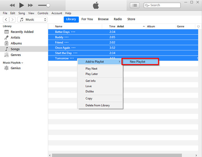 create a new playlist for burning to CD