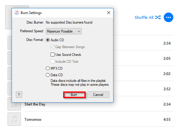 set burn settings for cd