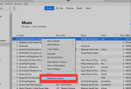 delete music in iTunes