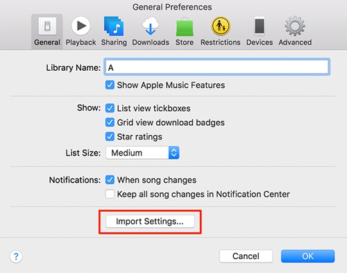 tuo asetukset iTunesiin