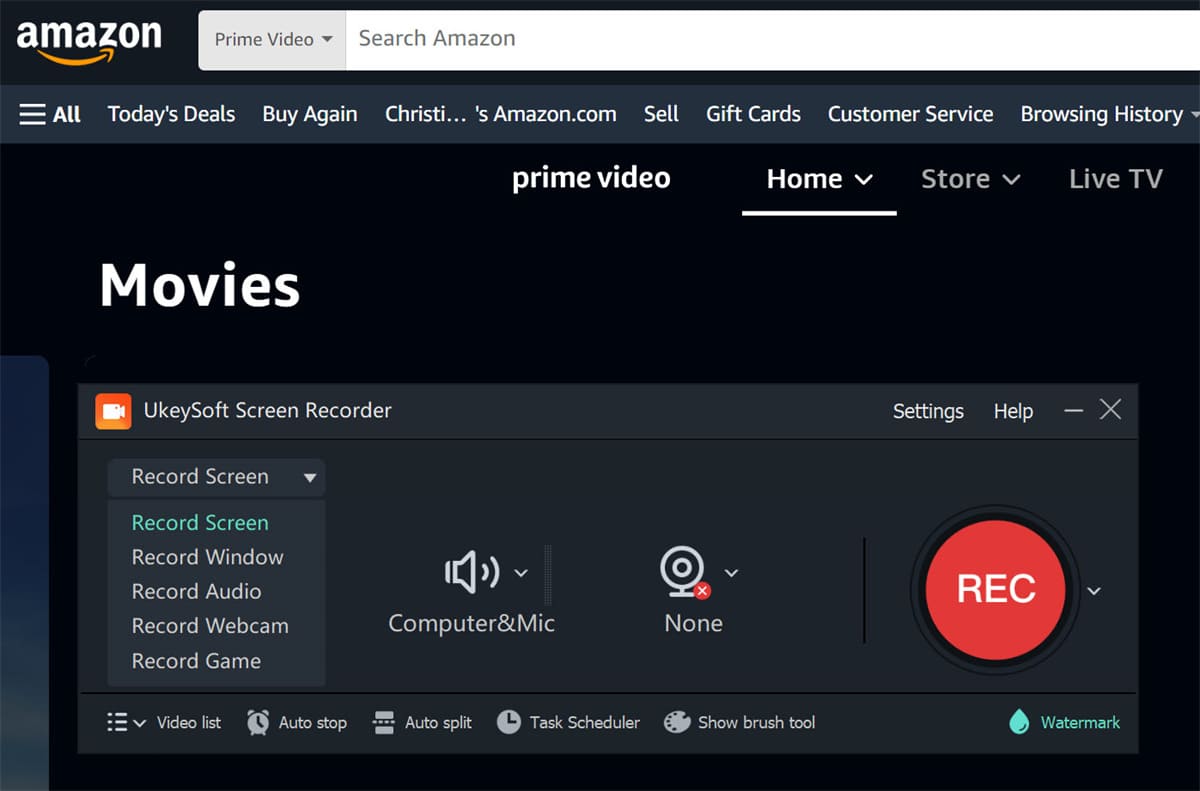 record amazon prime video selecteer het opnamegebied