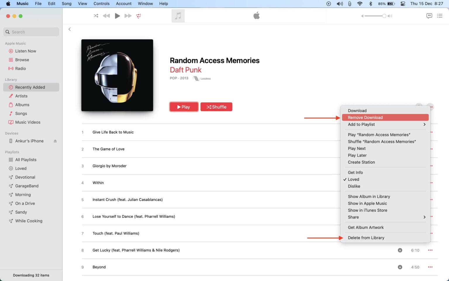 удалить загруженную музыку Apple на Mac