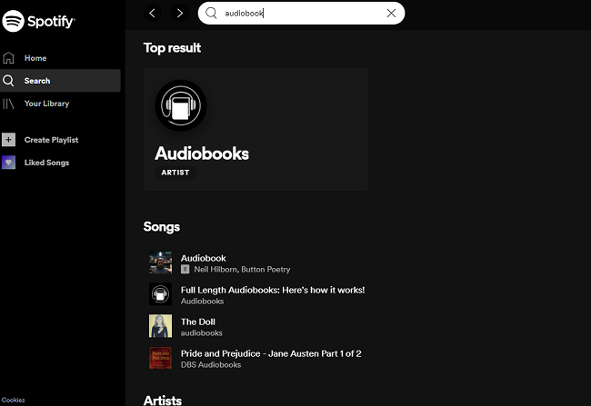 search Spotify audiobooks