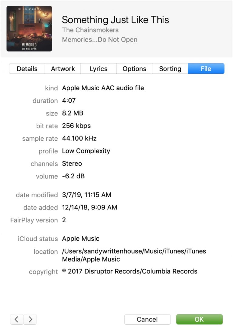 Seção do arquivo de informações da música iTunes