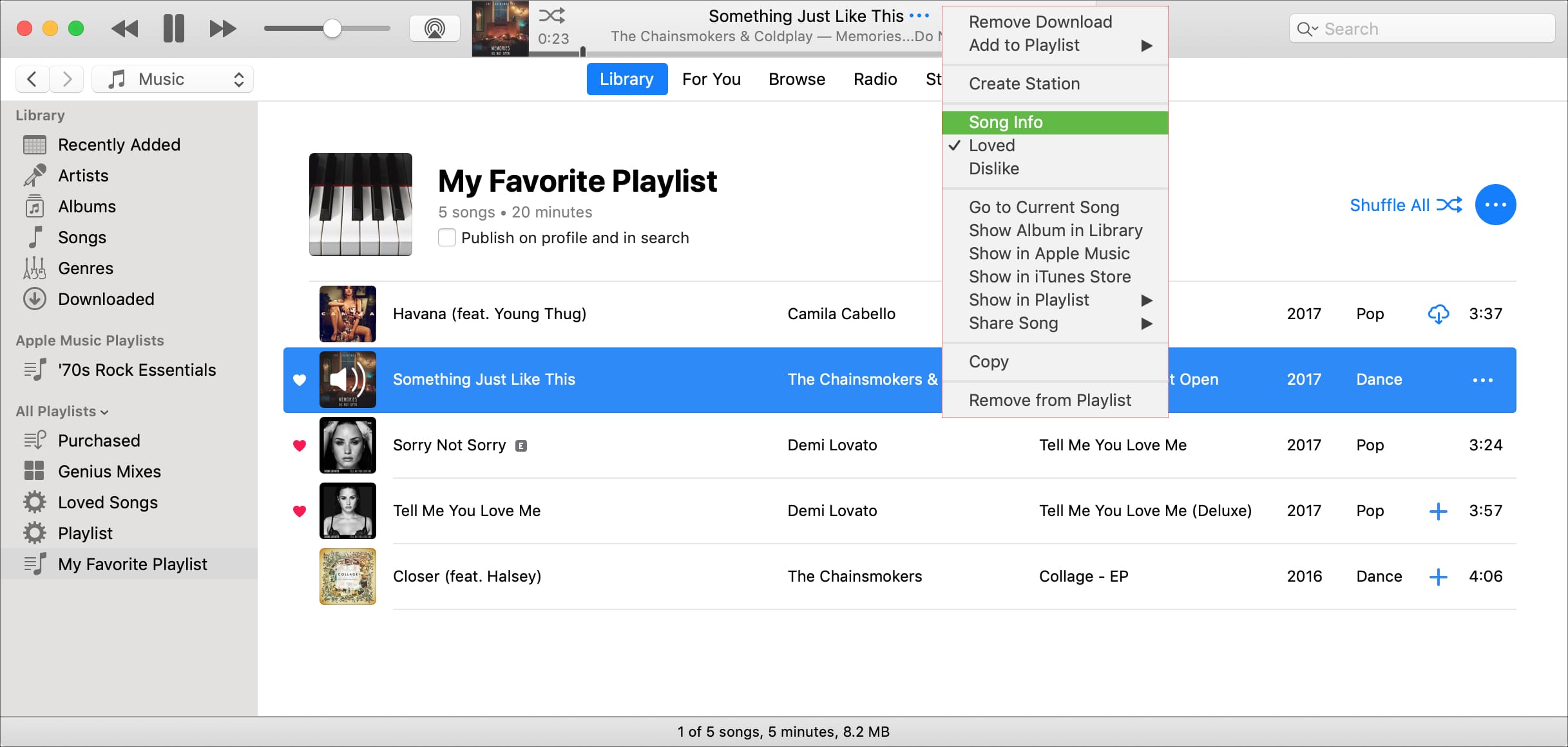 Informações sobre a música no menu iTunes