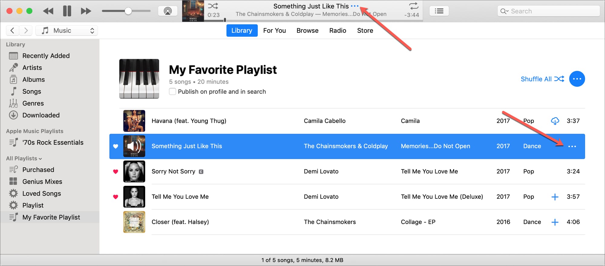 iTunes Meer knoppen voor nummer