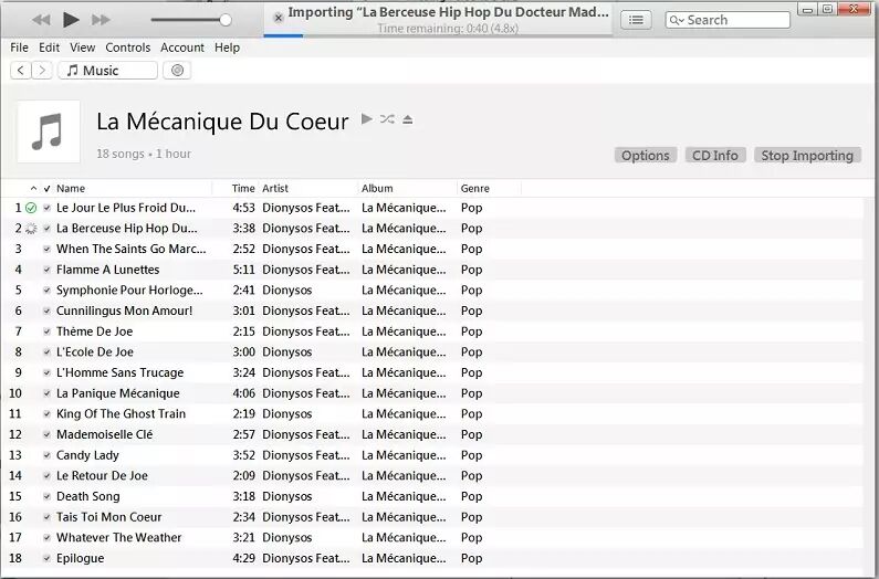 импортировать песни с компакт-диска в процесс iTunes