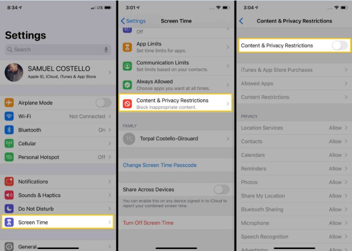 deshabilitar las restricciones de contenido en ios