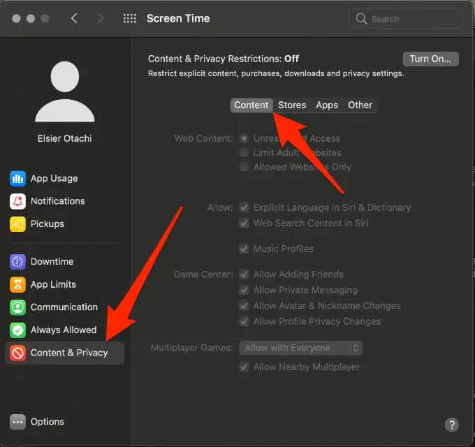 disable content restrictions on mac