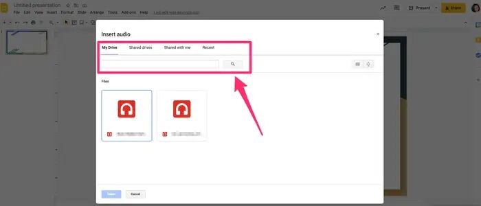 adicionar áudio do Google Drive ao Apresentações Google