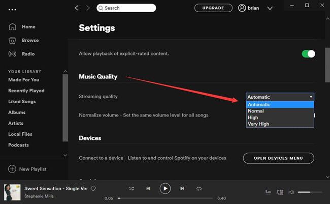 ubah kualitas musik di desktop Spotify