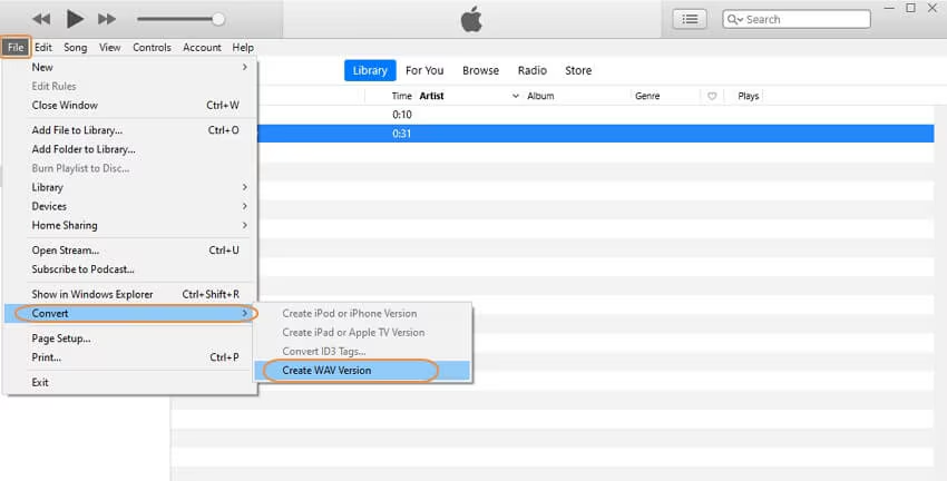 convert audio to wav in iTunes