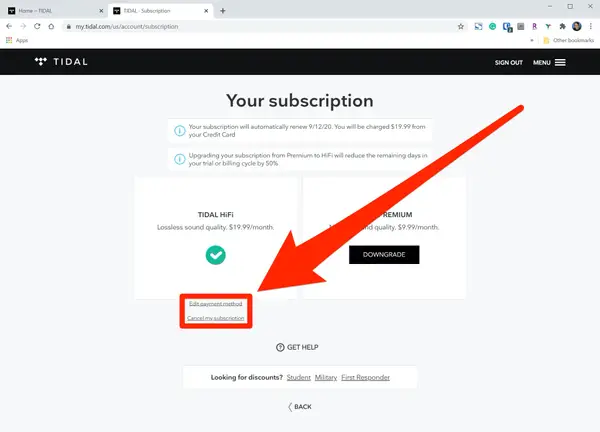 cancelar suscripción en Tidal web