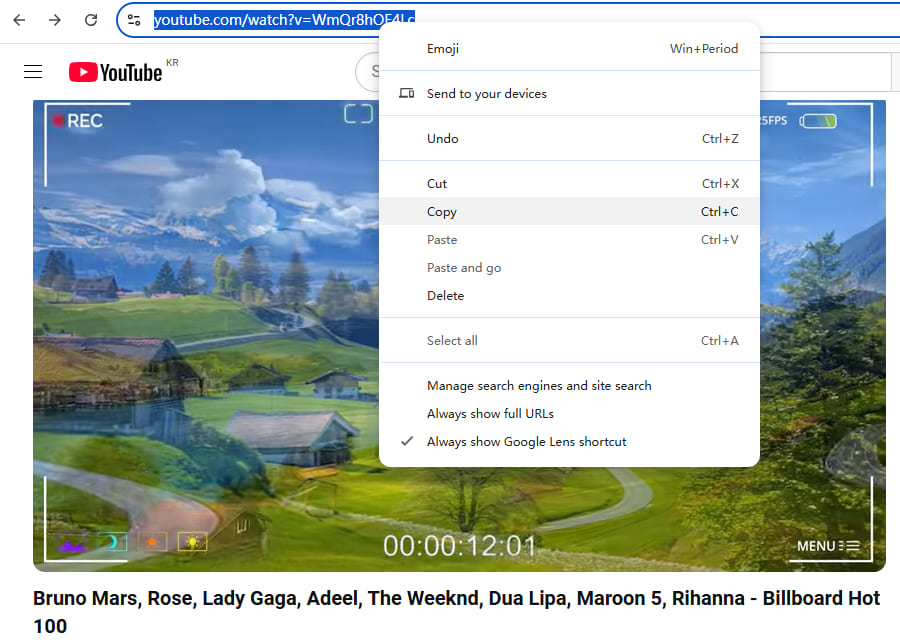 copy Billboard song URL on YouTube