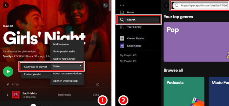 copia l'URL della playlist dal web