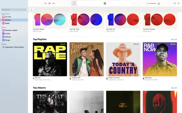 Lista de reproducción superior en Apple Music Mac