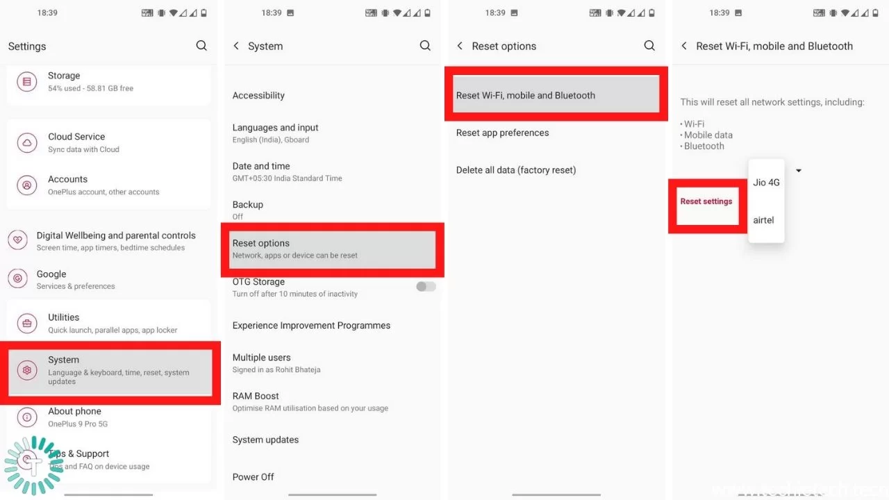 reset network settings on android