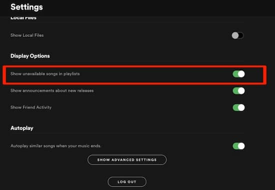 unhide spotify songs pc