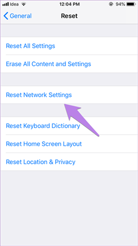 reset network setting on iphone