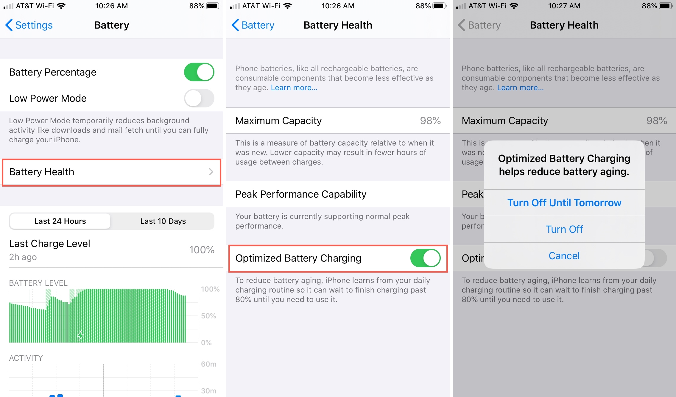 disattivare ottimizzare la carica della batteria