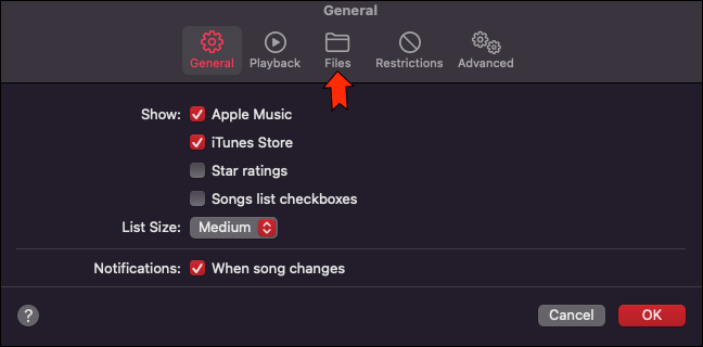 Aplicativo Apple Music - Preferências - Arquivos