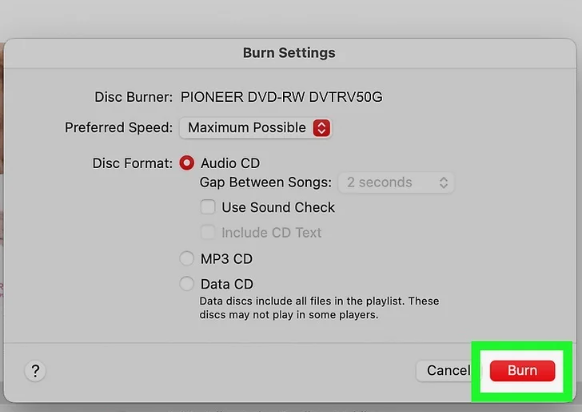 burn settings in Music App Mac
