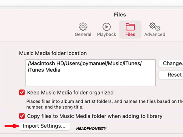 Configurações de importação do Apple Music Mac