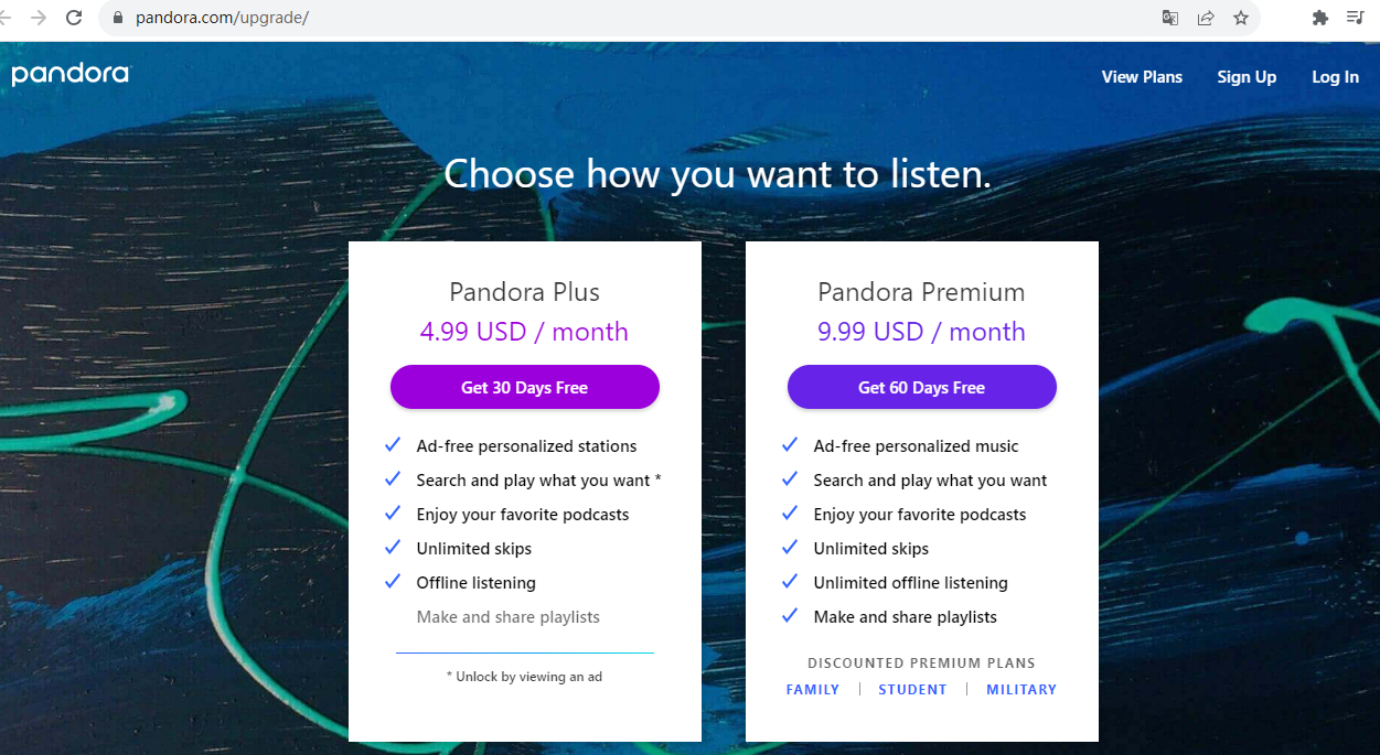 обновите учетную запись Pandora, чтобы пропустить рекламу