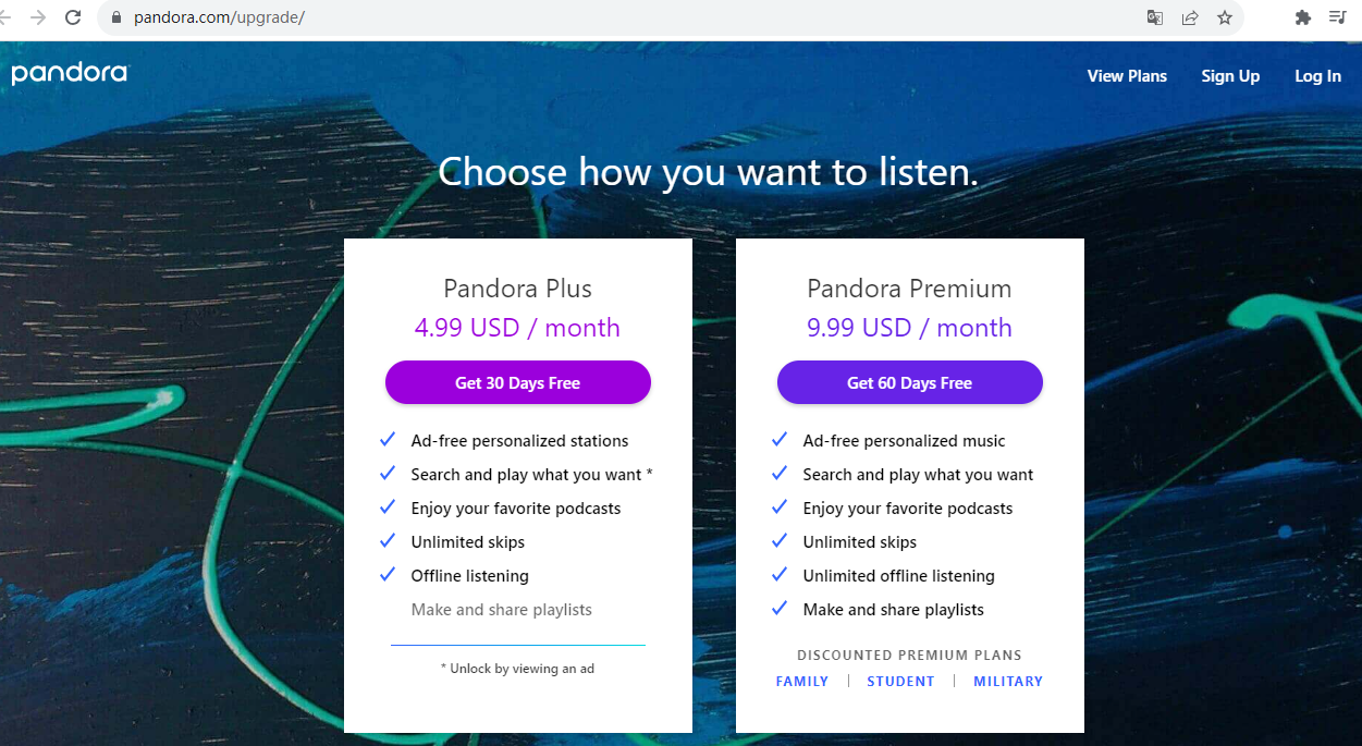 mettre à niveau le compte Pandora pour ignorer les publicités