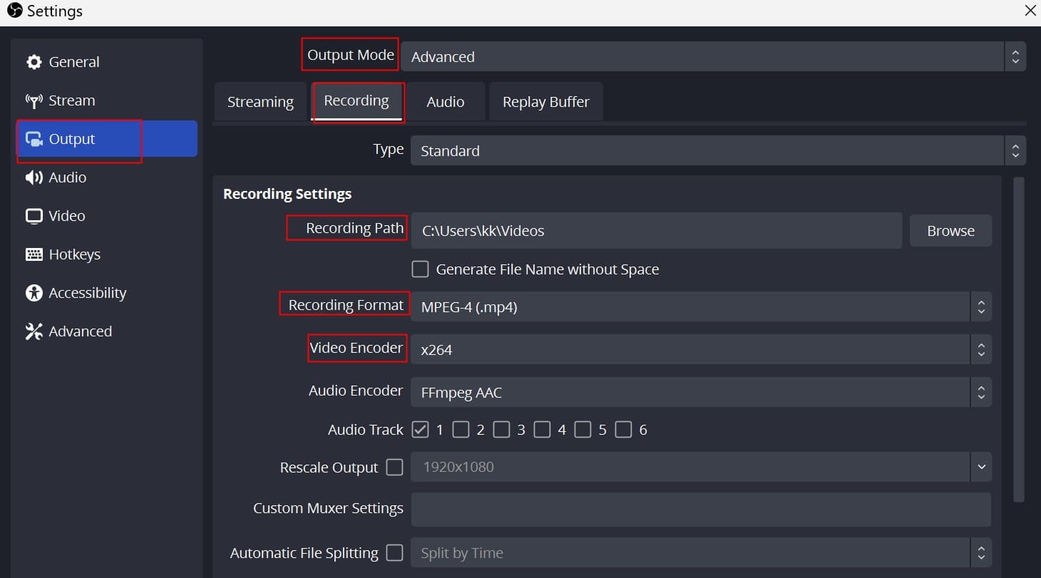 output settings in OBS